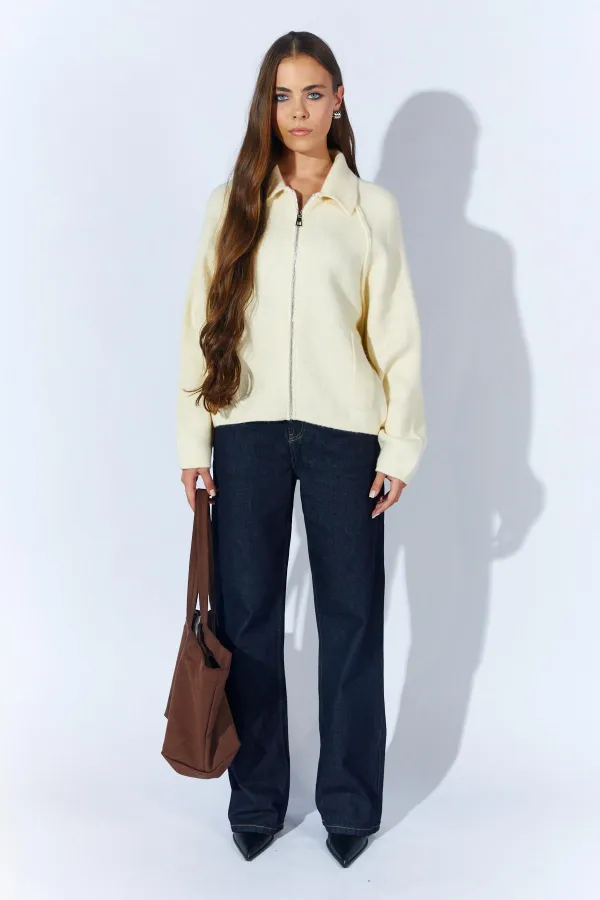 Kadın Krem Yakası Dışardan Cepli Fermuarlı Salaş Hırka