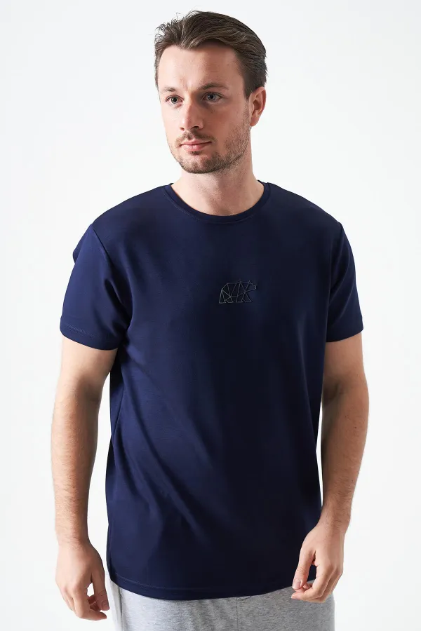 T-shirt homme bleu marine à col rond en modal avec imprimé ours origami