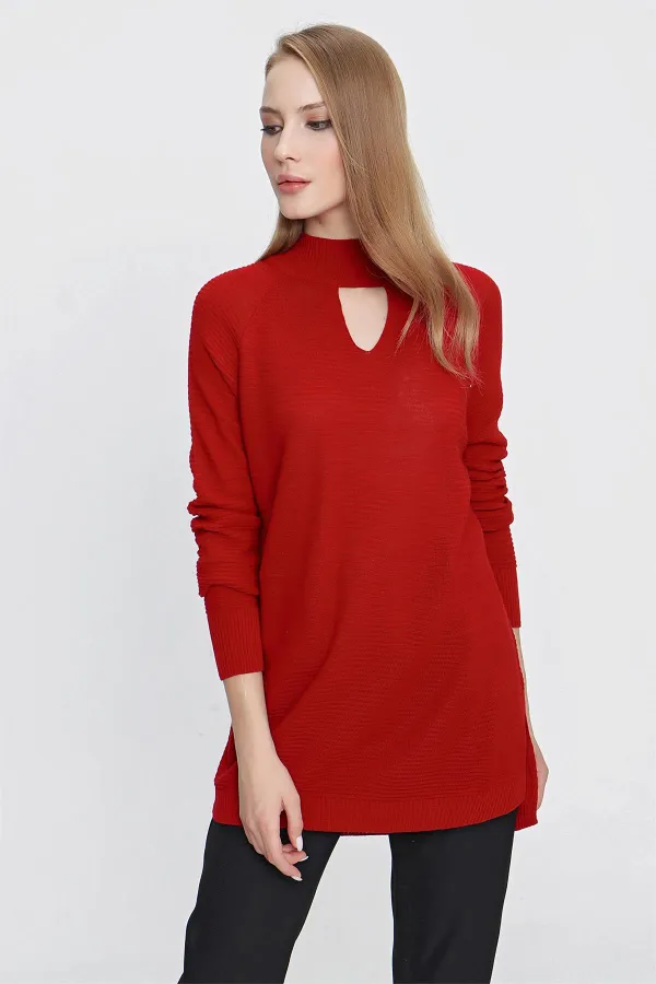 Kadın Kırmızı Önü Pencereli Triko Kazak