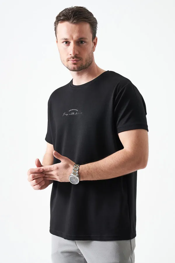 T-shirt noir à col rond en modal pour homme avec impression « MADE WITH »