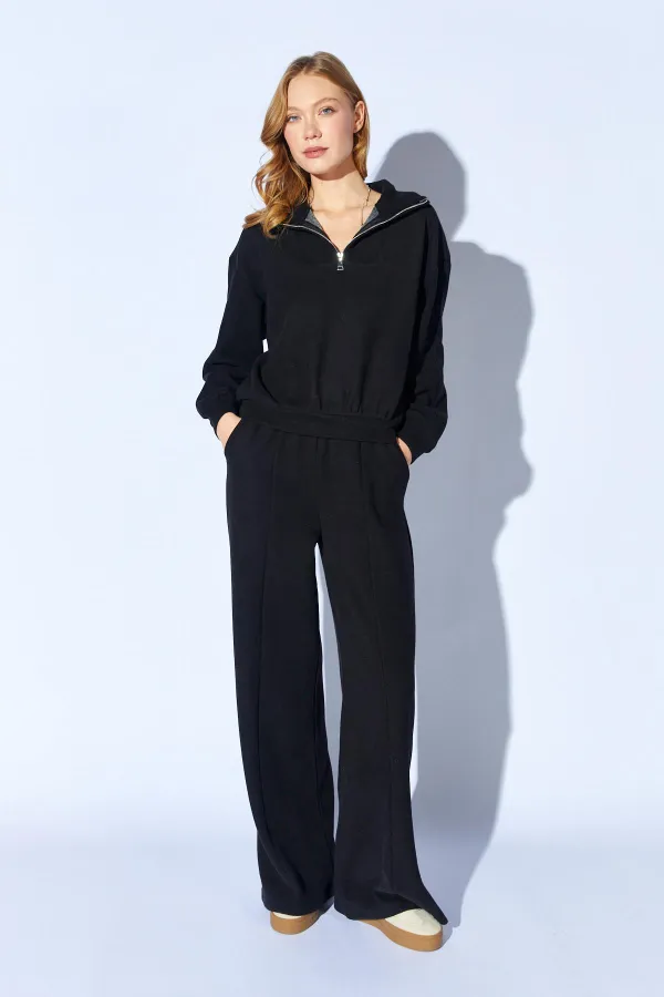 Kadın Siyah Yaka Fermuarlı Dikiş Detaylı Selanik Takım