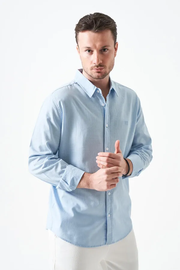 Erkek Mavi Uzun Kol Basic Pamuk Flam Regular Gömlek