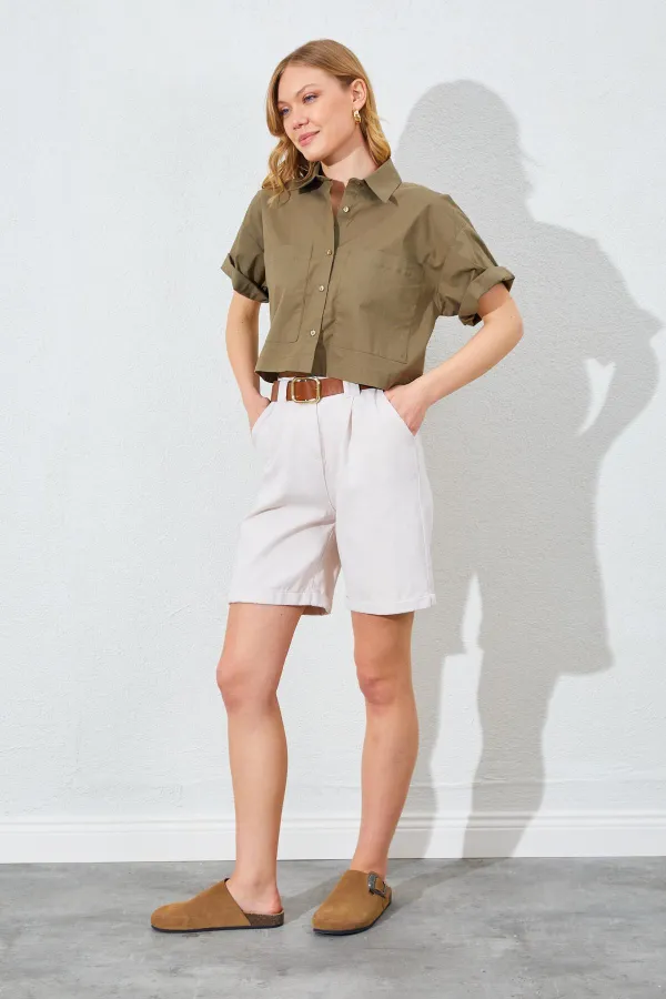 Kadın Taş Yüksel Bel Beli Kemerli Gabardin Şort