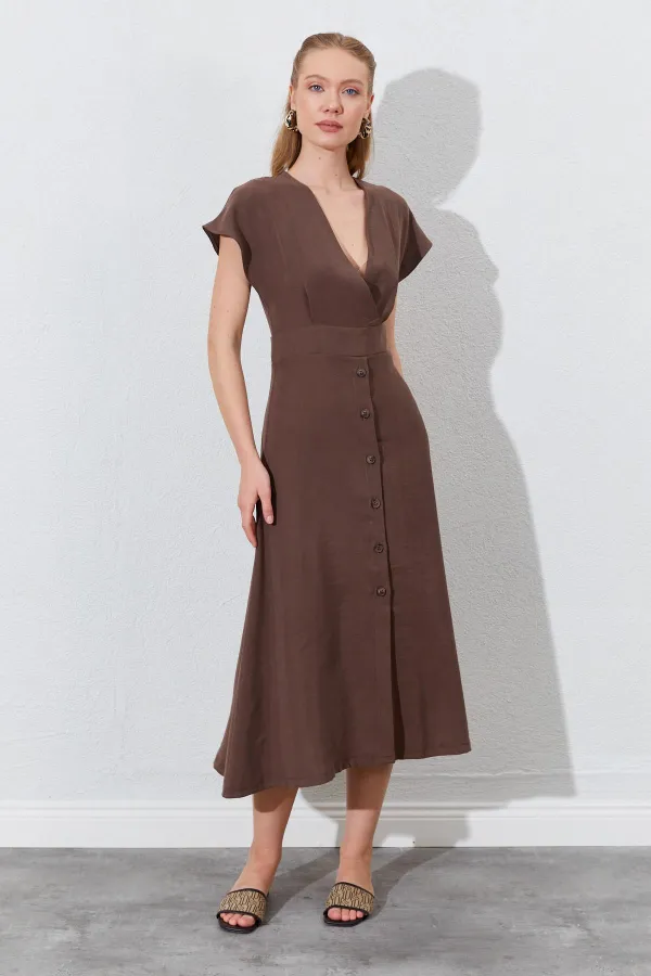 Kadın Kahve Kruvze Yaka Eteği Düğmeli Modal Elbise