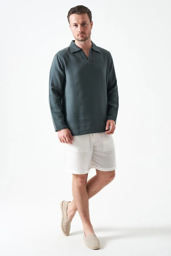 Erkek Çam Yeşili Uzun Kol V Ayaklı Yaka Regular Müslin Gömlek