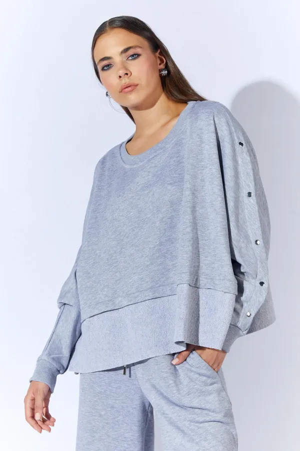 Women's Grey Melange Crew Neck Sweatshirt with Snap Button Sleeves and Dropped Shoulders