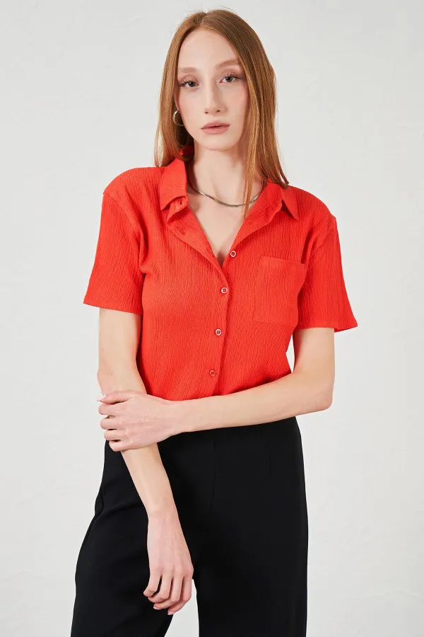 Kadın Nar Bürümcük Tek Cep Crop Gömlek