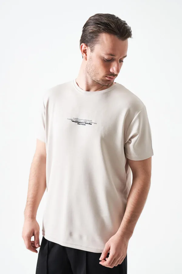 T-shirt beige à col rond pour homme en modal avec imprimé REFRESH