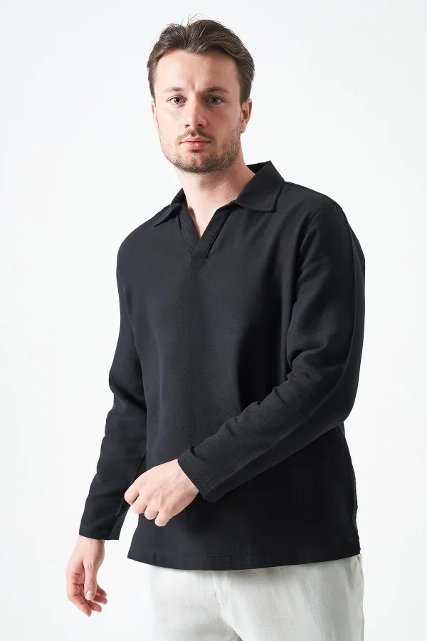 Erkek Siyah Uzun Kol V Ayaklı Yaka Regular Müslin Gömlek