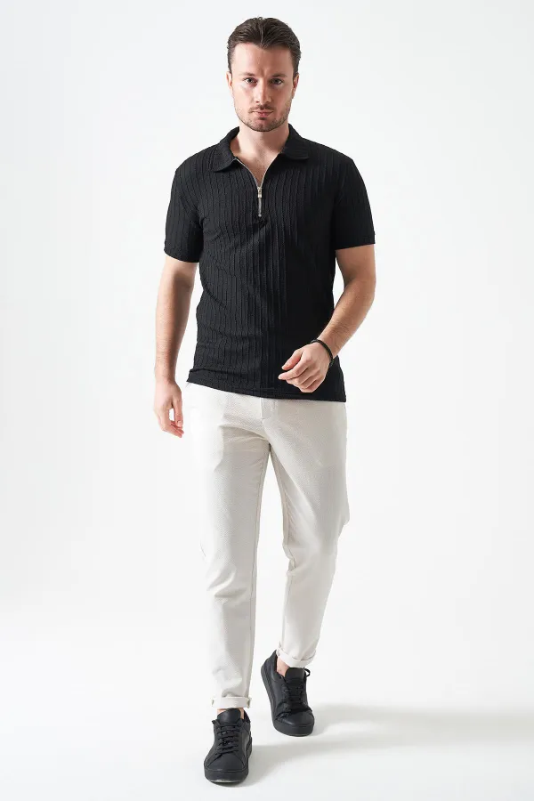 Erkek Siyah Ayaklı Yaka Fermuarlı Ağır Jakar Tişört