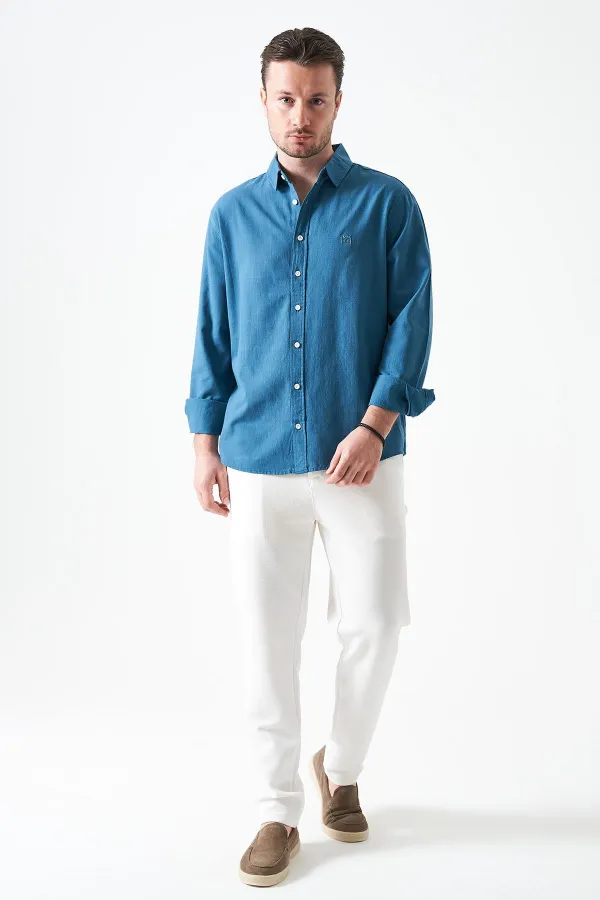 Erkek Petrol Uzun Kol Basic Pamuk Flam Regular Gömlek
