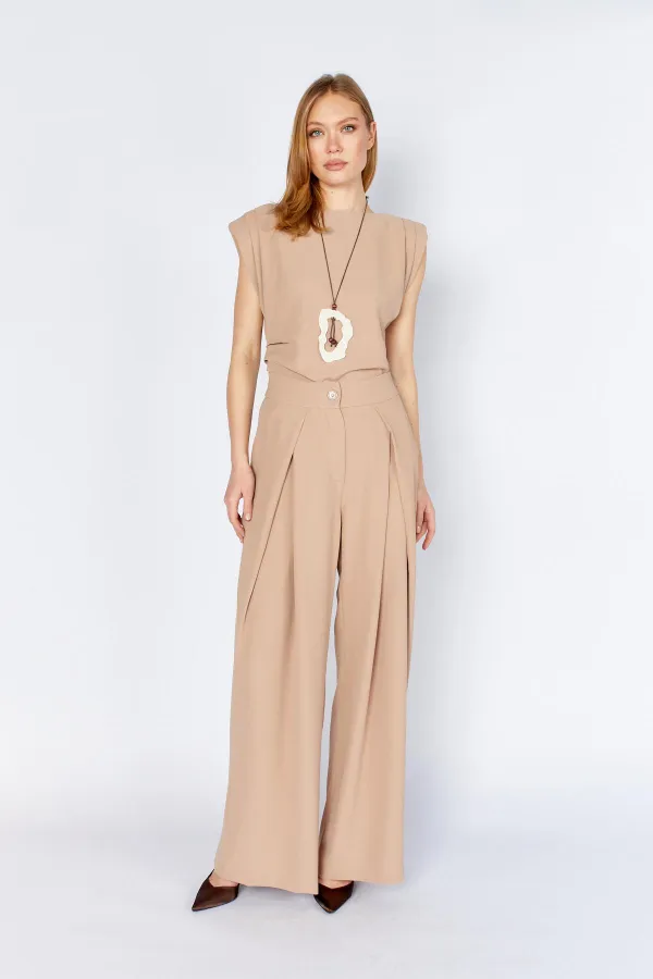 Kadın Vizon 20236 Ön Içe Girmeli Pileli Bol Paça Pantolon