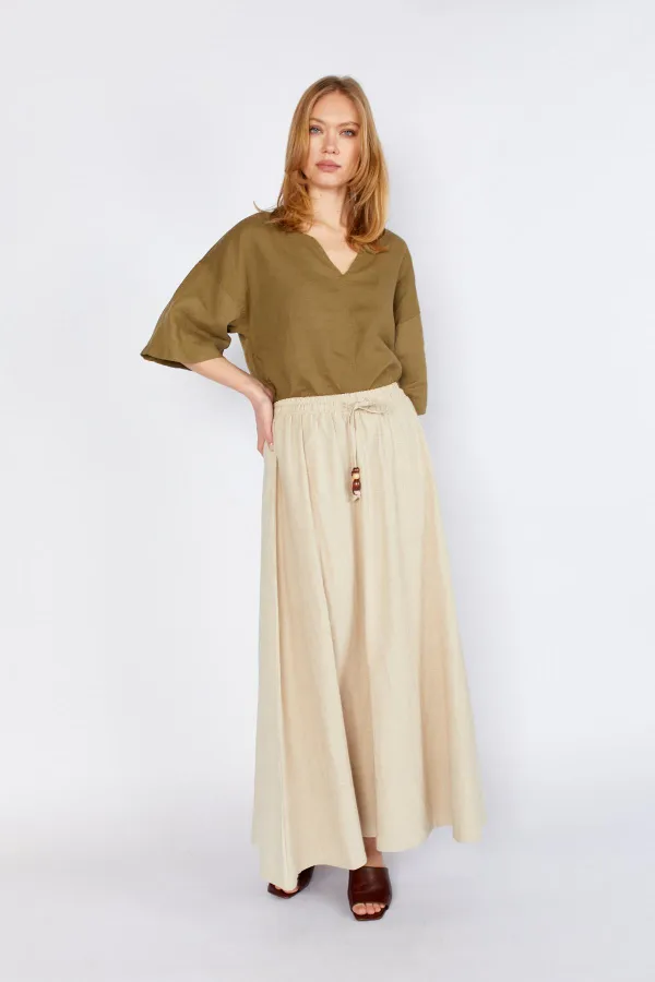 Women's Natural Skirt with Thick Stitching and Elastic Waistband