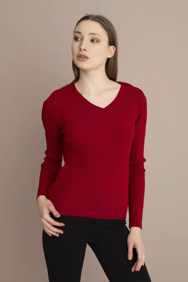 Kadın Kırmızı V Yaka Fitilli Triko