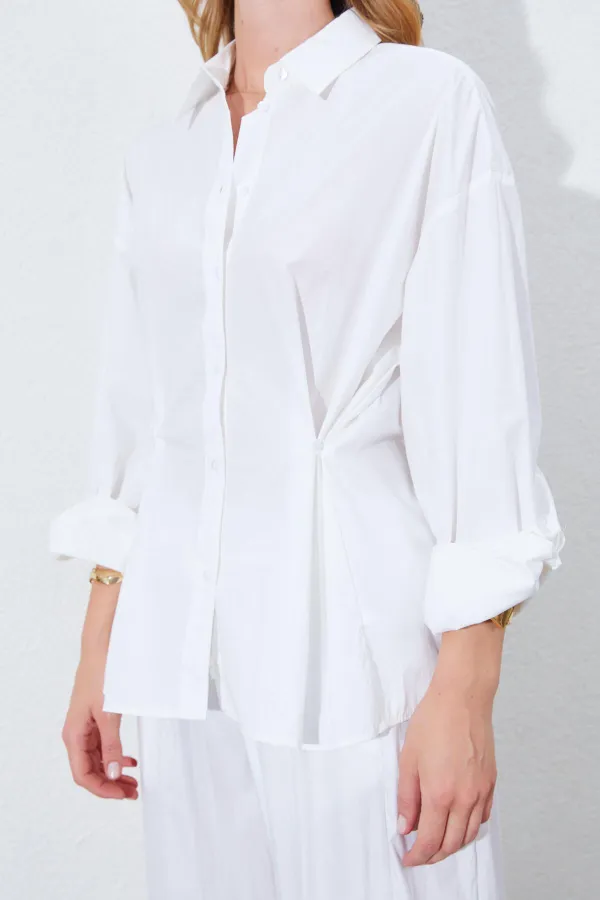 Kadın Kemik Bel Oturtmalı Bel Düğme Detaylı Gömlek