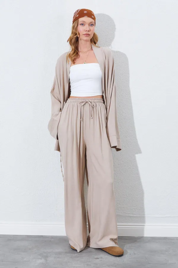 Kadın Koyu Bej Beli Lastikli Palazzo Keten Pantolon