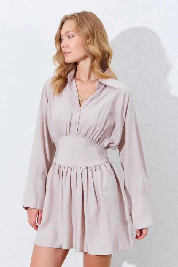 Kadın Bej Beli Oturtmalı Gömlek Yaka Elbise