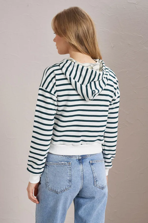 Women's Olive Green Three-Thread Striped Hooded Crop Sweatshirt