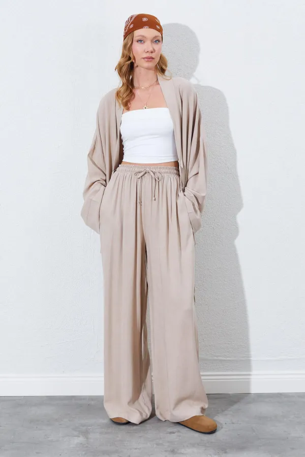 Kadın Koyu Bej Beli Lastikli Palazzo Keten Pantolon