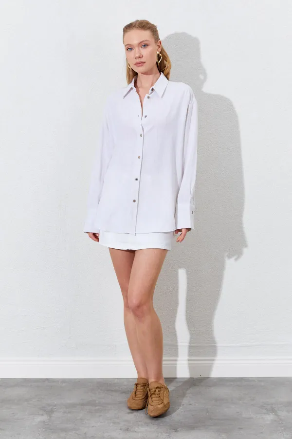 Kadın Naturel Oversize Keten Gömlek