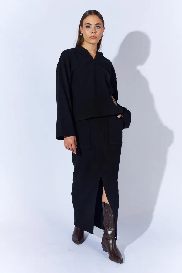 Kadın Siyah V Yaka Kapşonlu Yırtmaçlı Etek Selanik Takım