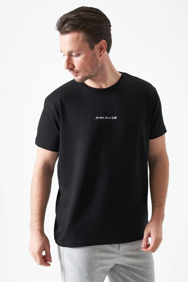 T-shirt noir à col rond en modal pour homme avec imprimé MANFECTUREO