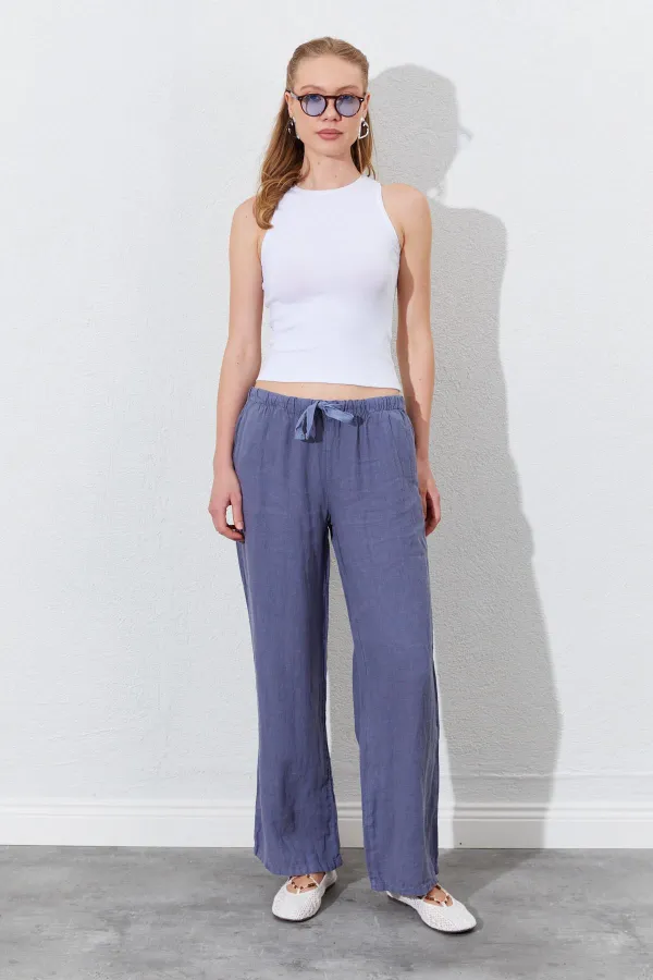 Women's Grey Linen Wide Leg Trousers with Drawstring Waist and Side Pockets