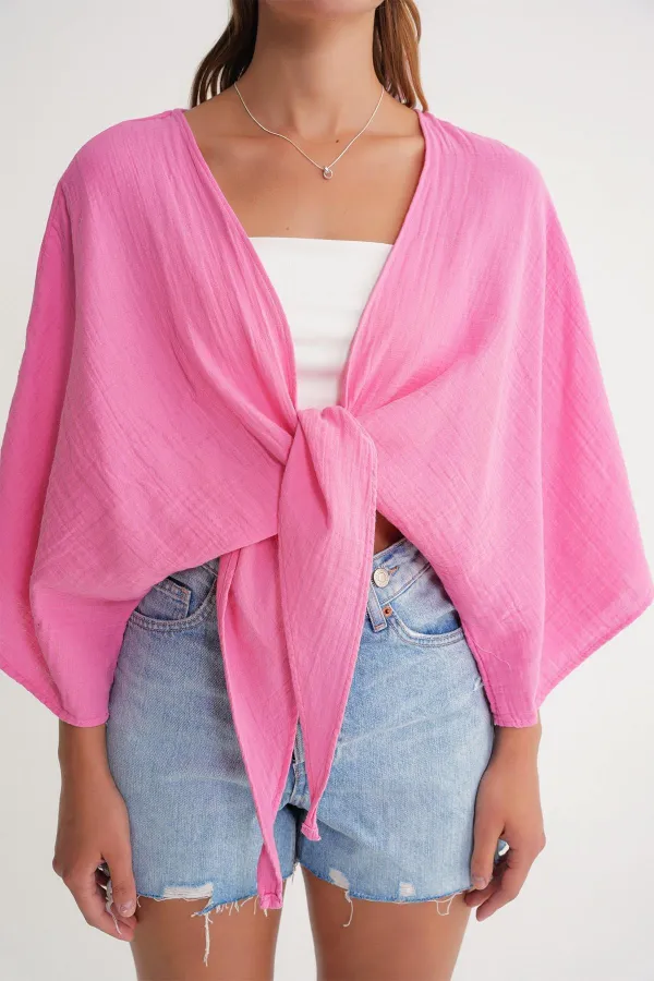 Kadın Pembe Yarasa Kol Ön Bağlamalı Gömlek