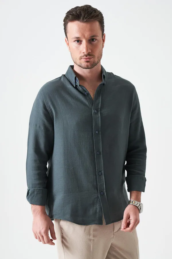 Erkek Çam Yeşili Uzun Kol Regular Basic Müslin Gömlek