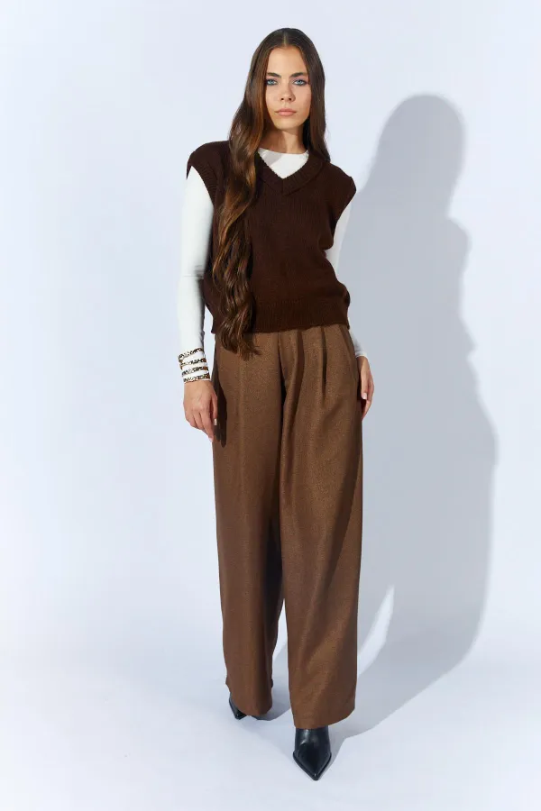 Kadın Kahve V Yakalı Basic Süveter