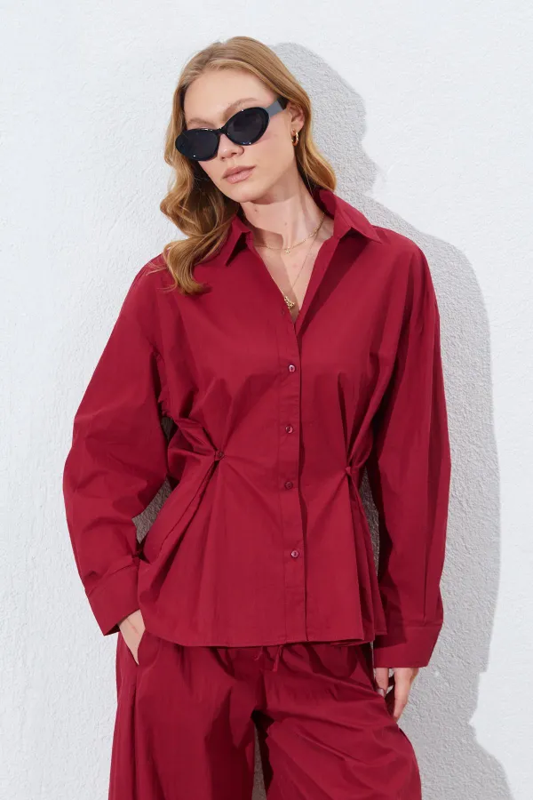 Kadın Bordo Bel Oturtmalı Bel Düğme Detaylı Gömlek