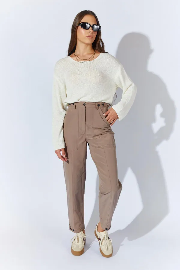 Kadın Vizon Beli Düğmeli Çift Dikişli Pantolon