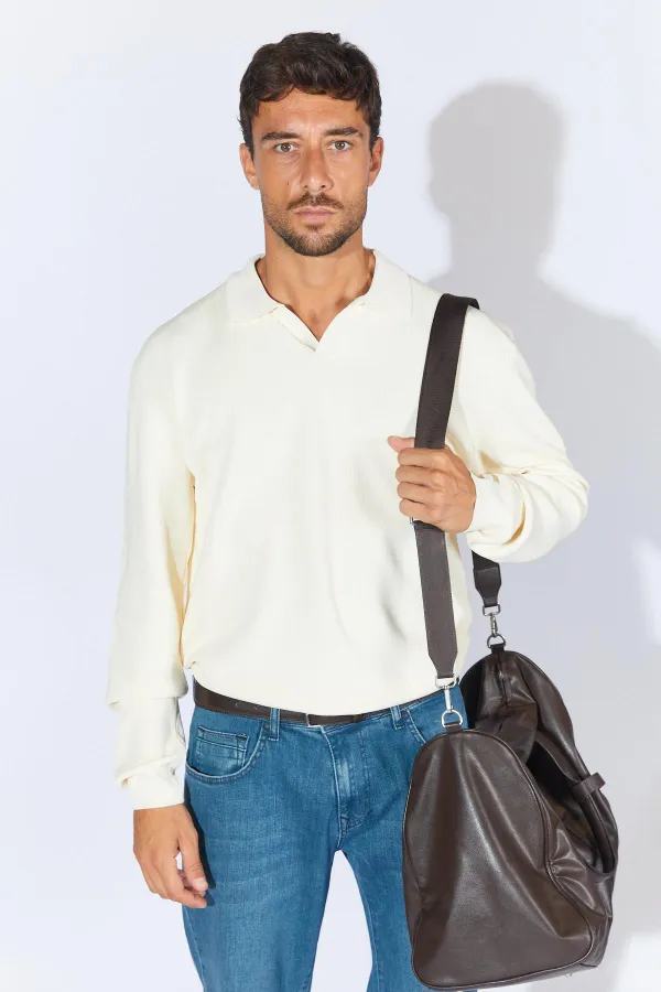 Erkek Ekru Ayaklı V Yaka Fitilli Basic Triko