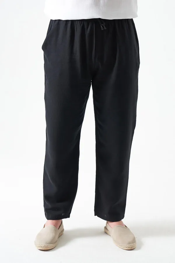 Erkek Siyah Bel Bağlamalı Baggy Müslin Pantolon