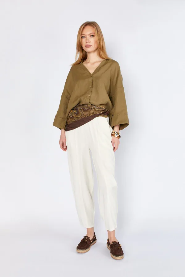 Kadın Ekru (5456) Önü Dikişli Balon Kesim Tencel Pantolon