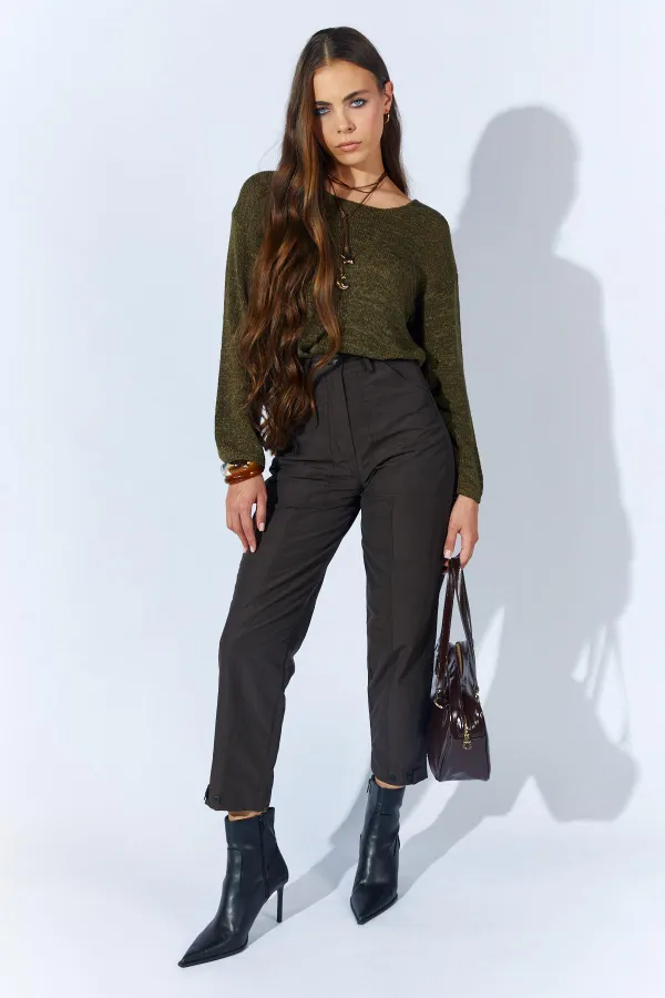 Kadın Kahve Beli Düğmeli Çift Dikişli Pantolon