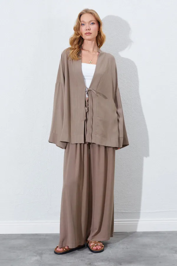 Kadın Toprak Önü İp Bağlamalı Kimone Ceket