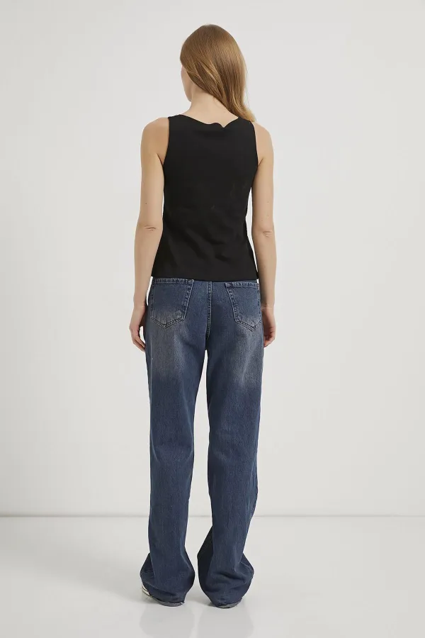 Kadın Siyah Kayık Yaka Bel Oturtmalı Licralı Peplum Bluz