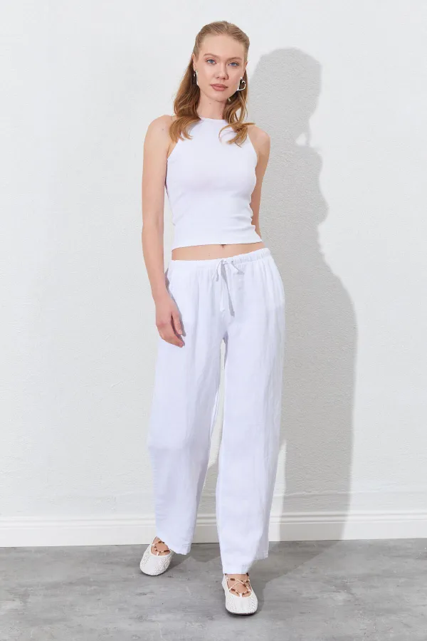 Women's White Linen Wide Leg Trousers with Drawstring Waist and Side Pockets