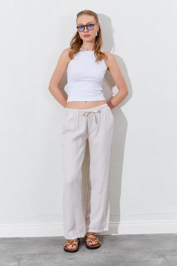 Kadın Taş Beli İp Bağlamalı Keten Yan Cepli Bol Paça Pantolon