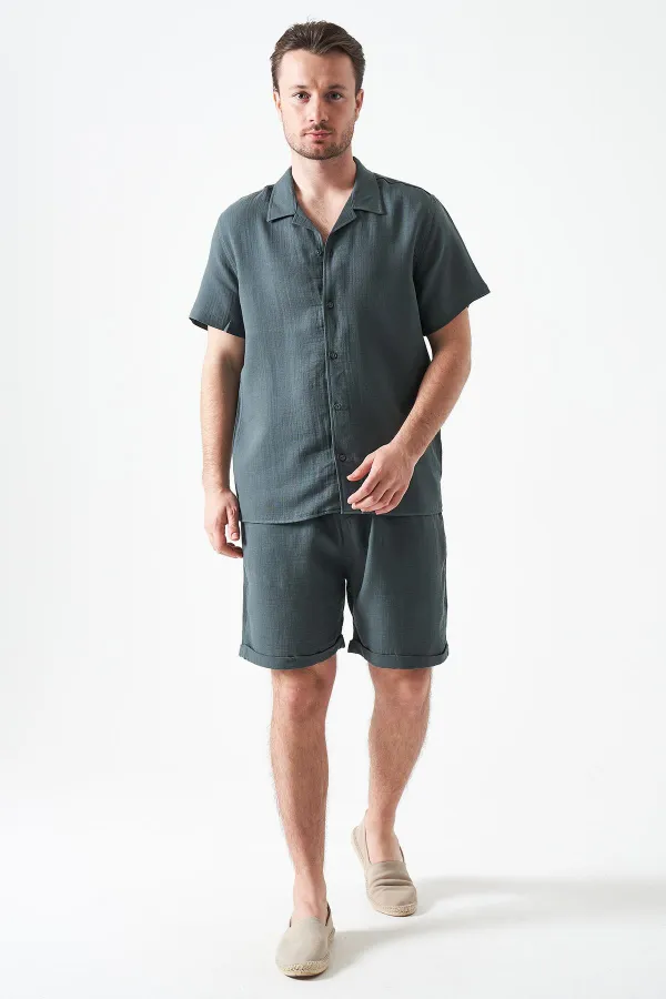 Erkek Çam Yeşili Baggy Double Paça Müslin Şort