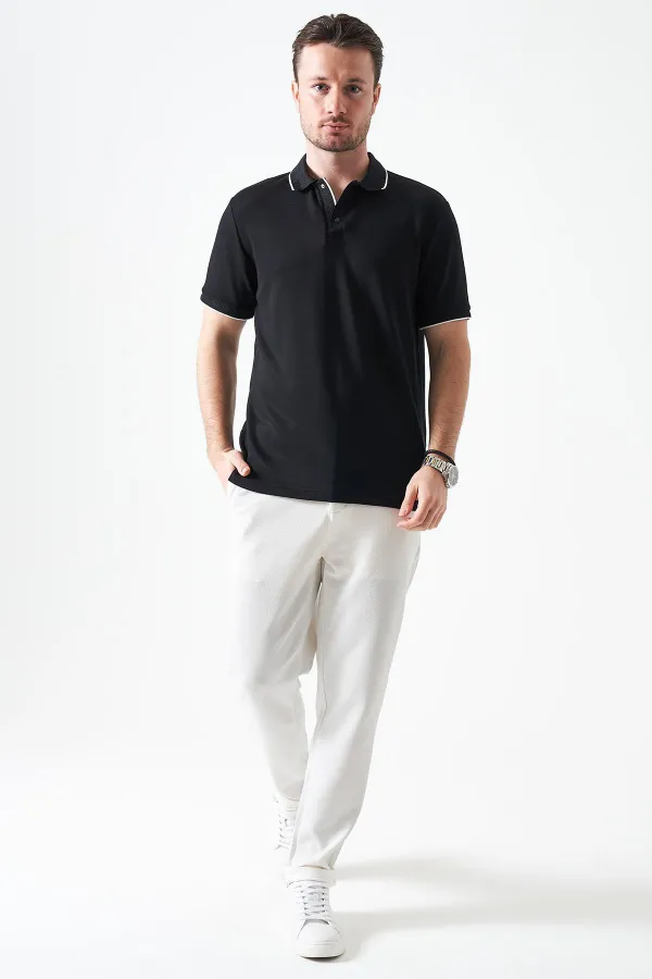 T-shirt homme noir à col boutonné en piqué modal