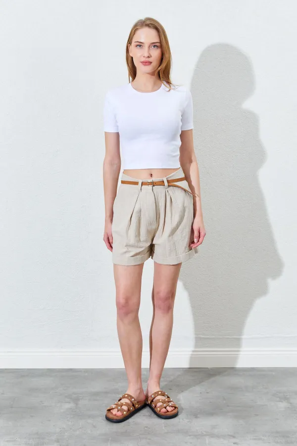 Kadın Taş Duble Paça Keten Şort
