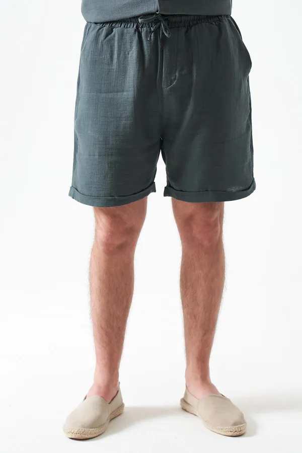 Erkek Çam Yeşili Baggy Double Paça Müslin Şort