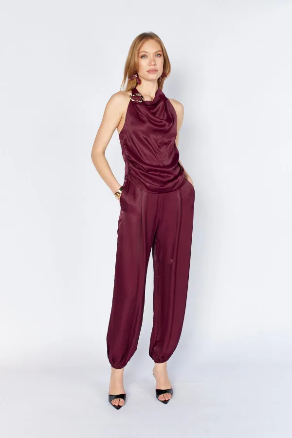 Kadın Mürdüm 9087 Yaka Bağlamalı Gold Tokalı Şalvar Pantolonlu Saten Takım