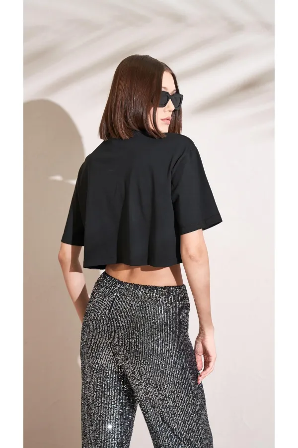 T-shirt court oversize noir à col rond pour femme, imprimé métallisé Supreme