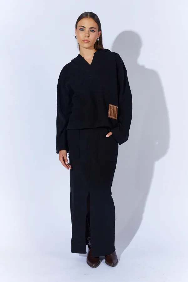 Kadın Siyah V Yaka Kapşonlu Yırtmaçlı Etek Selanik Takım