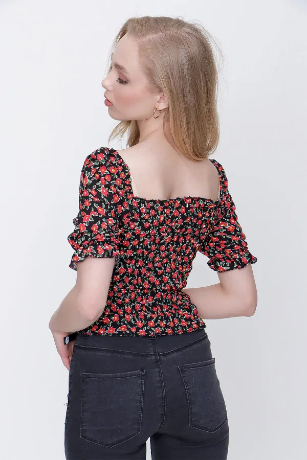 Kadın Desen-3 Gipeli Ön Büzgülü Crop Bluz