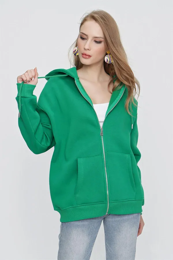 Women's Benetton Green Hooded Oversize Zip-Up Sweatshirt