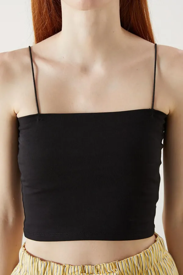 Kadın Siyah Spagetti Askılı İçi Gloplu Full Licra Atlet